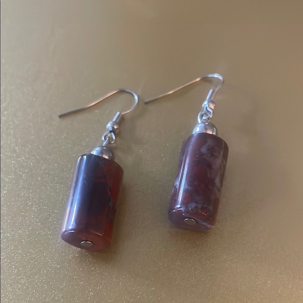 Maroon Cylinder Beaded Dangle Earrings w/ Hook Backing